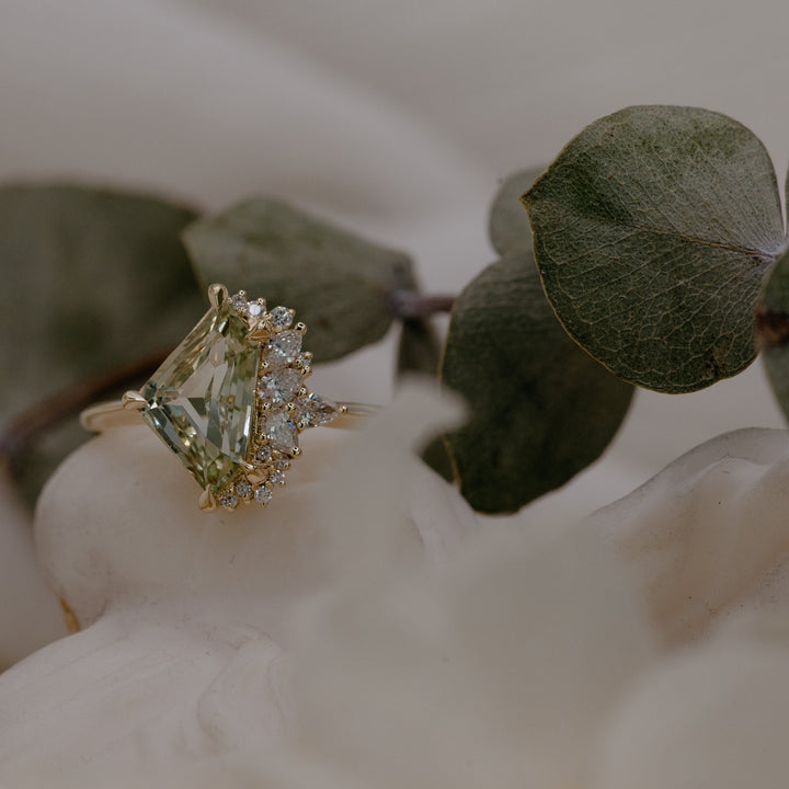 1.50CT Green Sapphire Freeform Cut Cluster Setting Lab Grown Engagement Ring