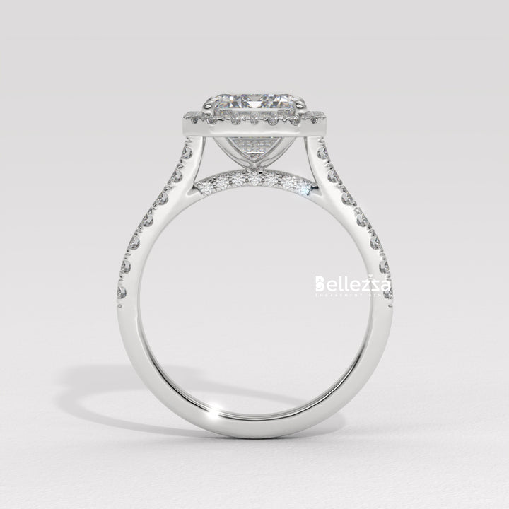 1.50-2.0CT Emerald Cut Halo Pave Setting CVD Diamond Engagement Ring