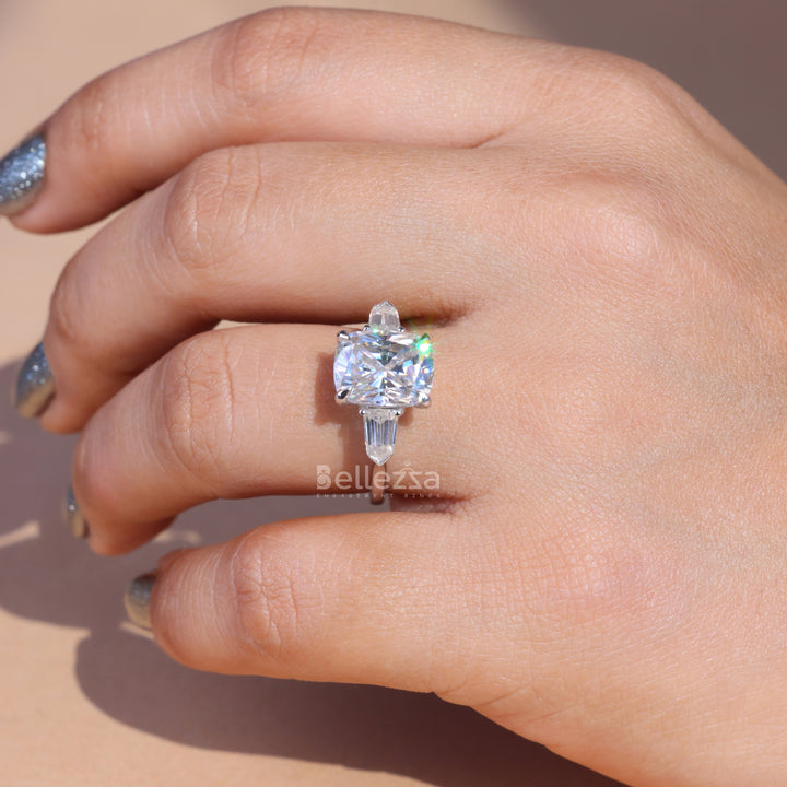 4.0CT Elongated Cushion Cut Three Stone Engagement Ring - Ready To Ship