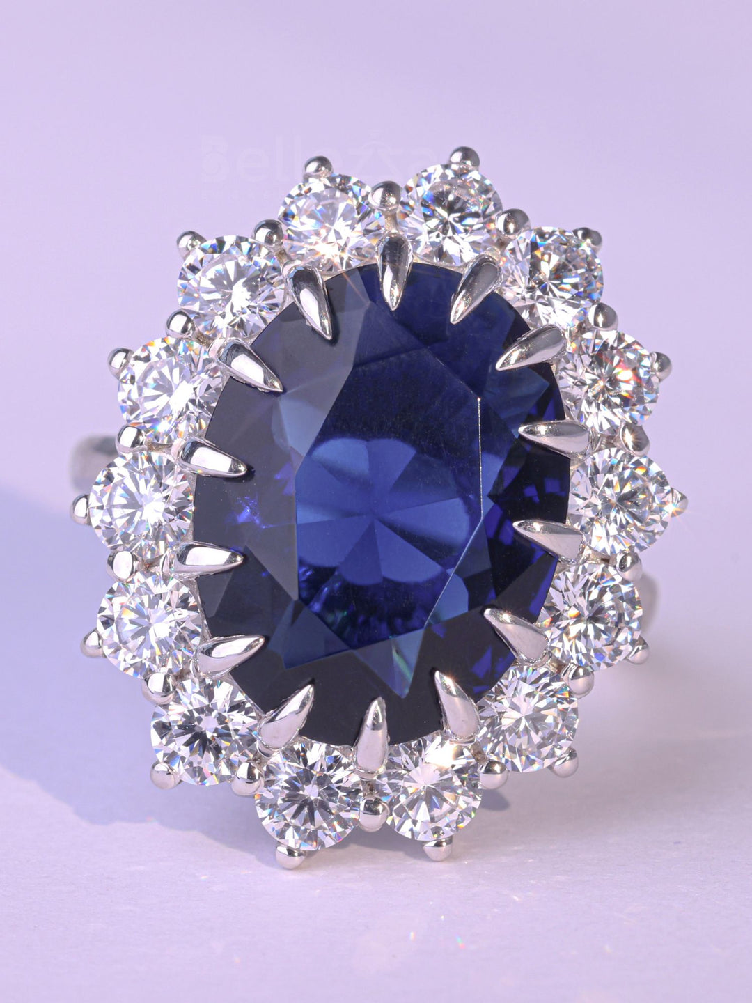 5.0CT Oval Cut Blue Sapphire Halo Moissanite Engagement Ring
