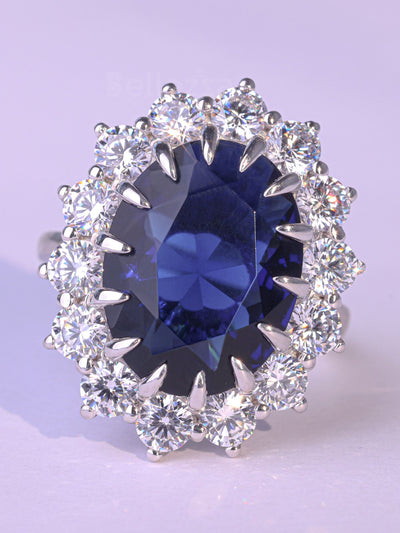 5.0CT Oval Cut Blue Sapphire Halo Moissanite Engagement Ring