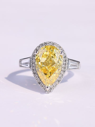 4.0CT Yellow Pear Cut Halo Set Three Stone Moissanite Engagement Ring