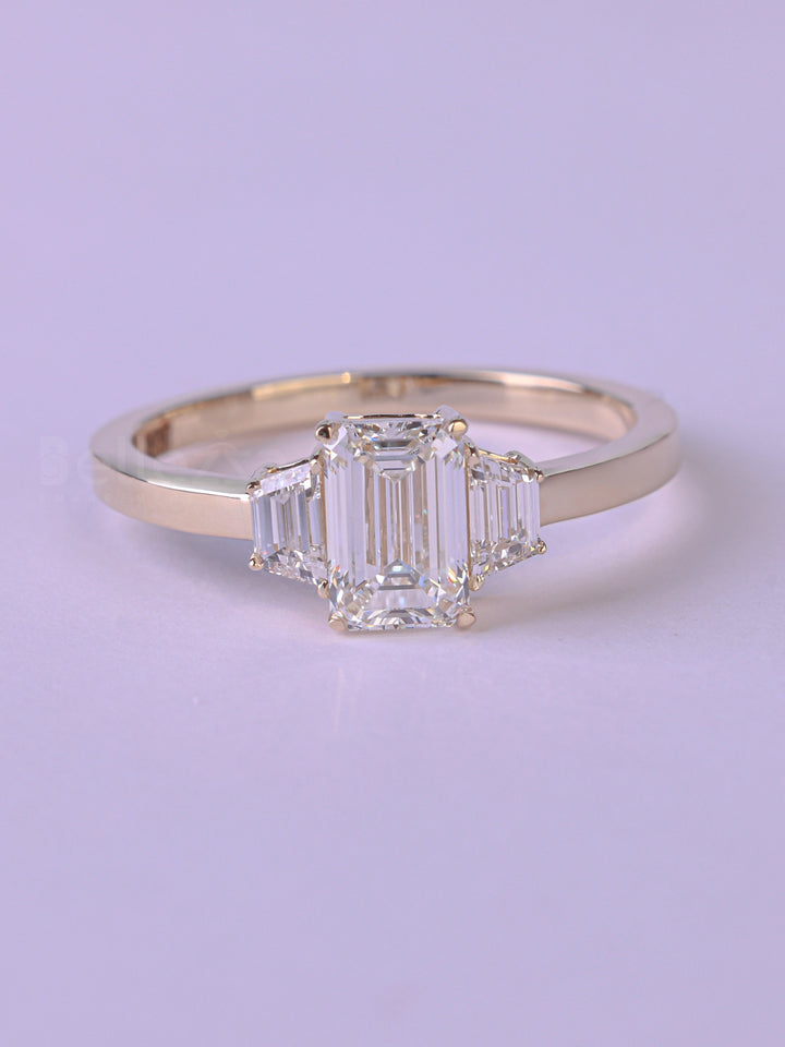2.0CT Emerald Cut Three Stone Moissanite Engagement Ring
