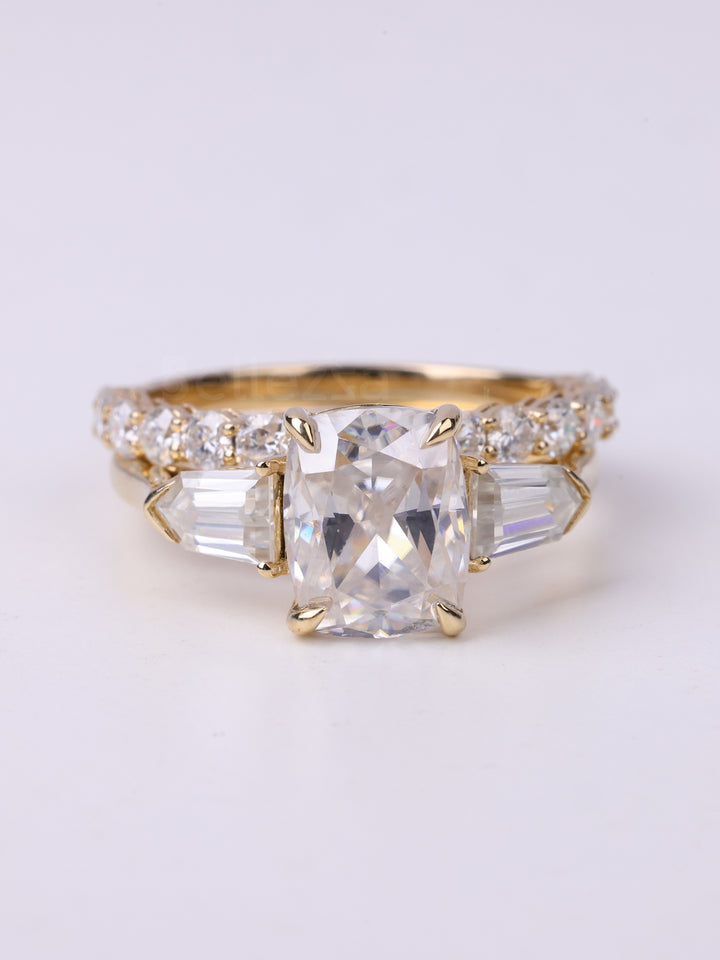 1.50CT Elongated Cushion Cut Three Stone Moissanite Bridal Ring Set