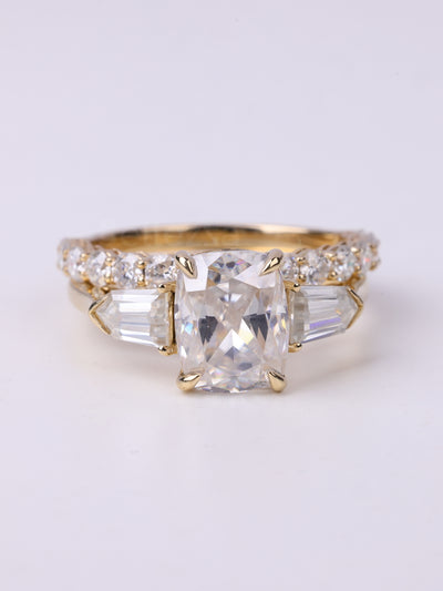 1.50CT Elongated Cushion Cut Three Stone Moissanite Bridal Ring Set