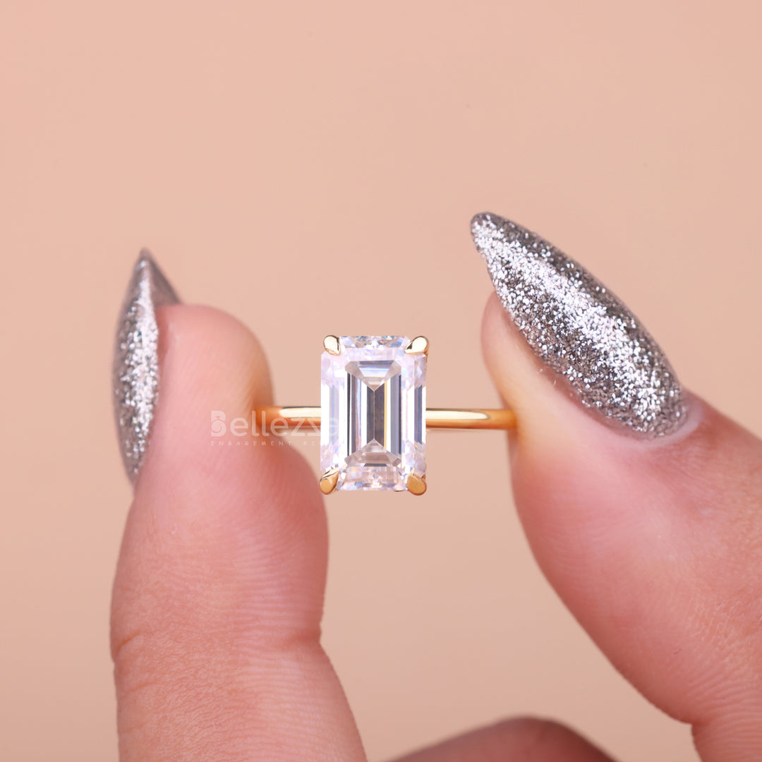 2.25CT Emerald Cut Hidden Halo Moissanite Engagement Ring - Ready to Ship