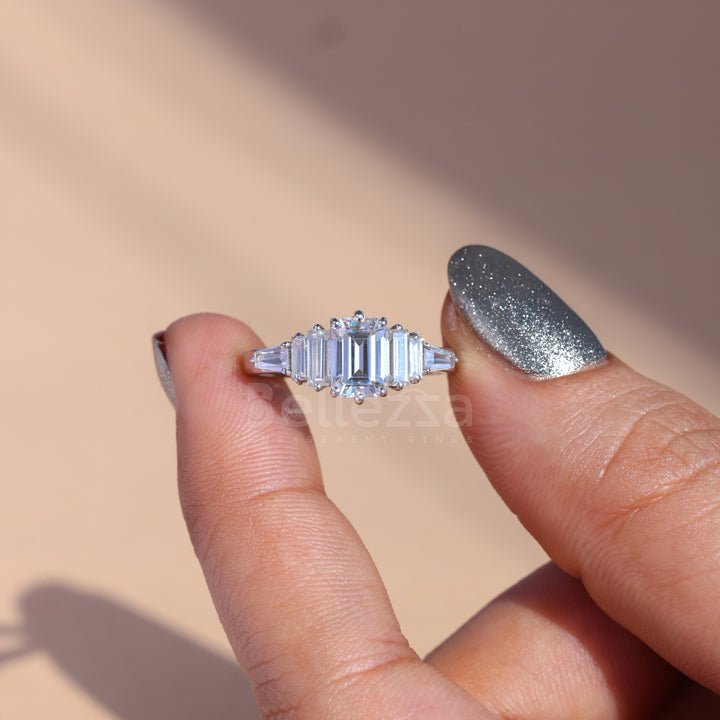 1.0CT Emerald Cut Cluster Moissanite Engagement Ring - Ready to ship