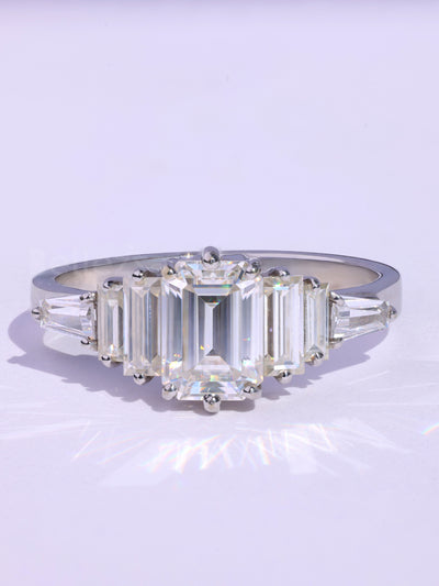 Emerald Cut Cluster Diamond Moissanite Engagement Ring