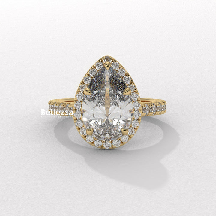 1.50-2.50CT Pear Cut CVD Diamond Halo Pave Setting Engagement Ring