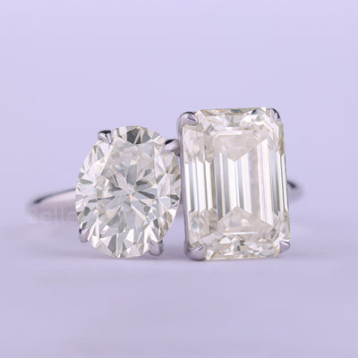 1.50CT Emerald & Oval Cut Diamond Moissanite Toi Et Moi Engagement Ring