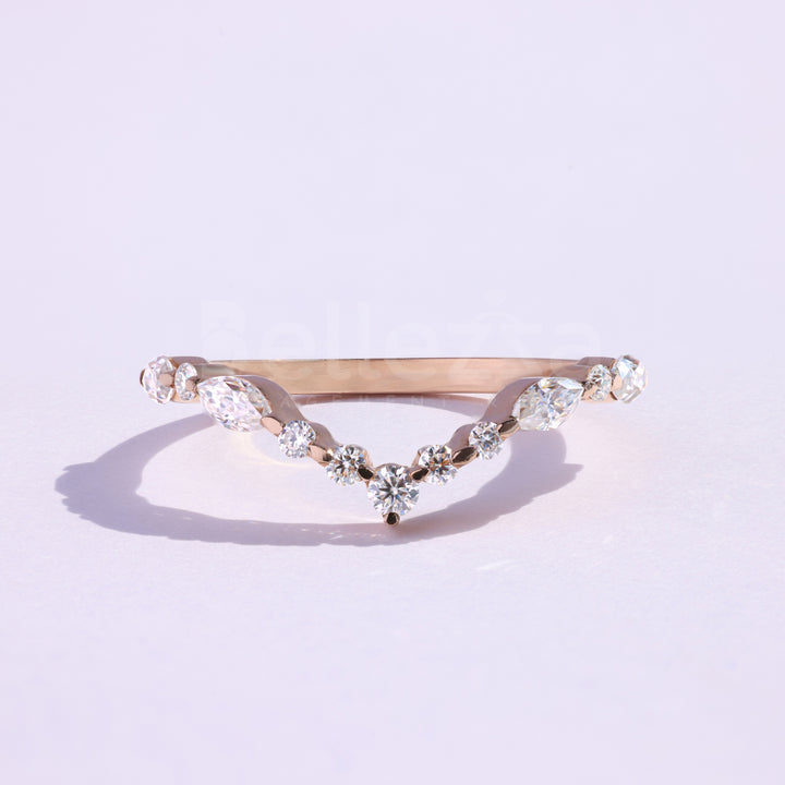 Marquise & Round Cut Curved Wedding Band - Ready to Ship