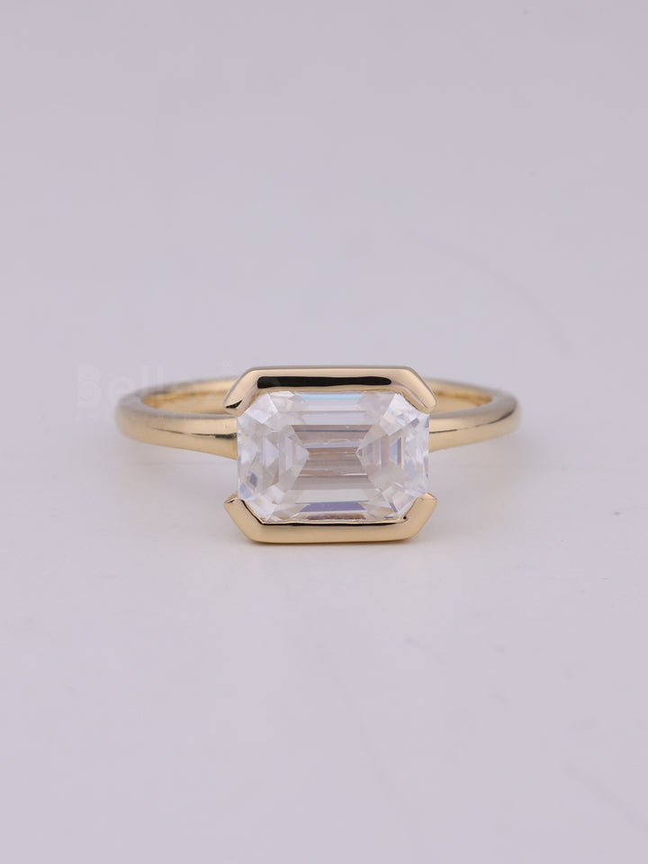 1.50CT East West Emerald Cut Half Bezel Engagement Ring
