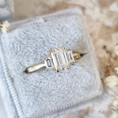 1.10 CT-3.10 CT Emerald Three Stone Lab Grown Diamond Engagement Ring