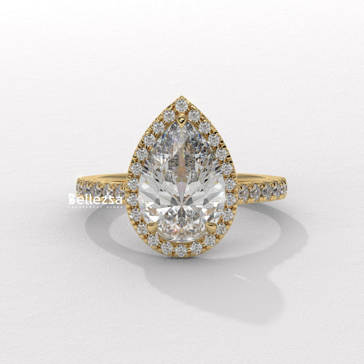 1.50-2.50CT Pear Cut CVD Diamond Halo Pave Setting Engagement Ring