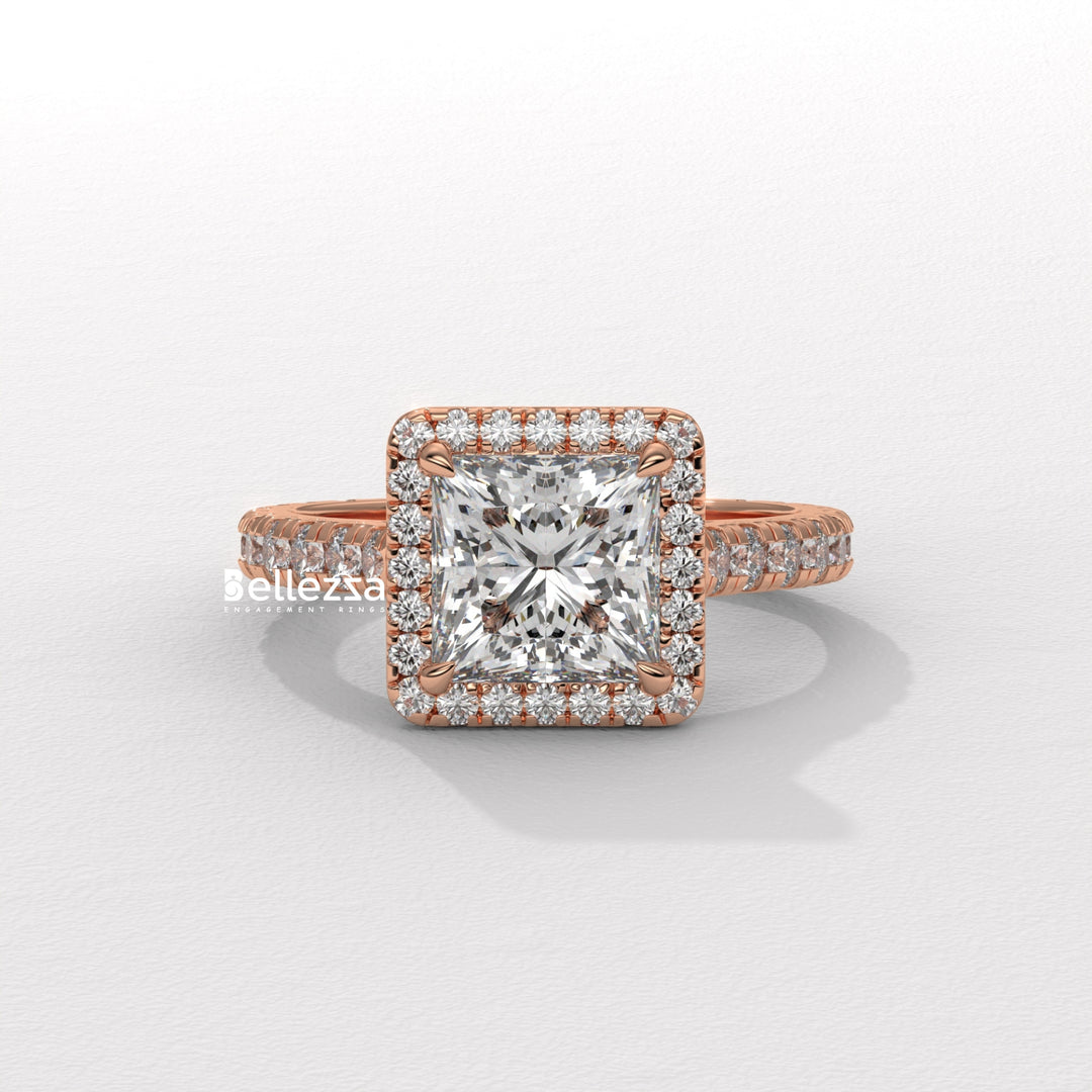 1.0-2.0CT Princess Cut Halo Pave Lab Grown Engagement Ring