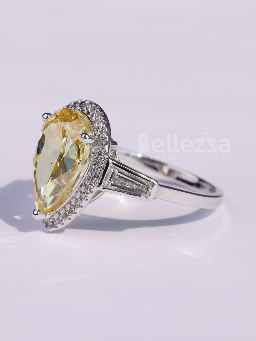 4.0CT Yellow Pear Cut Halo Set Three Stone Moissanite Engagement Ring
