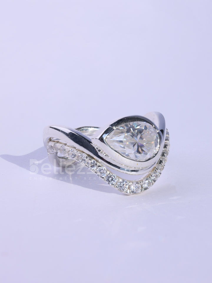 Pear Cut Unique Curved Moissanite Pave Set Engagement Ring Set