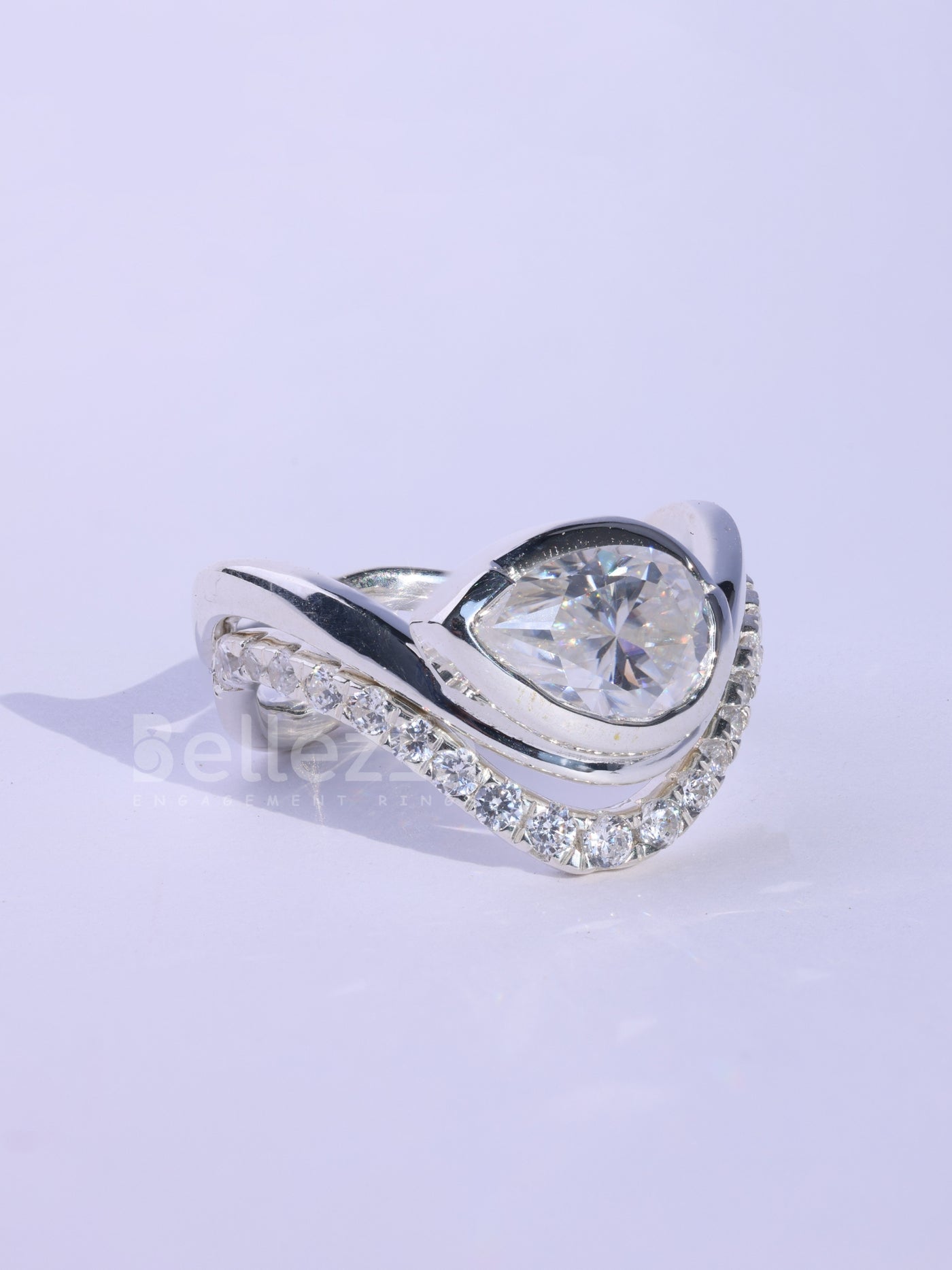Pear Cut Unique Curved Moissanite Pave Set Engagement Ring Set