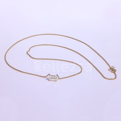 East West Emerald Diamond Moissanite Solitaire Necklace - Ready to Ship