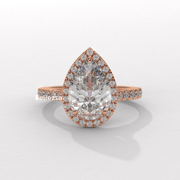 1.50-2.50CT Pear Cut CVD Diamond Halo Pave Setting Engagement Ring