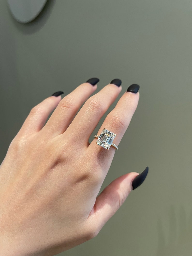 5.0CT Emerald Cut Diamond Hidden Halo Moissanite Engagement Ring