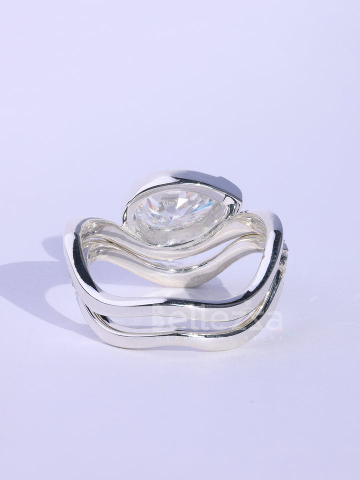 Pear Cut Unique Curved Moissanite Pave Set Engagement Ring Set