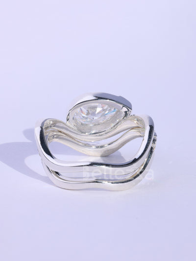 Pear Cut Unique Curved Moissanite Pave Set Engagement Ring Set