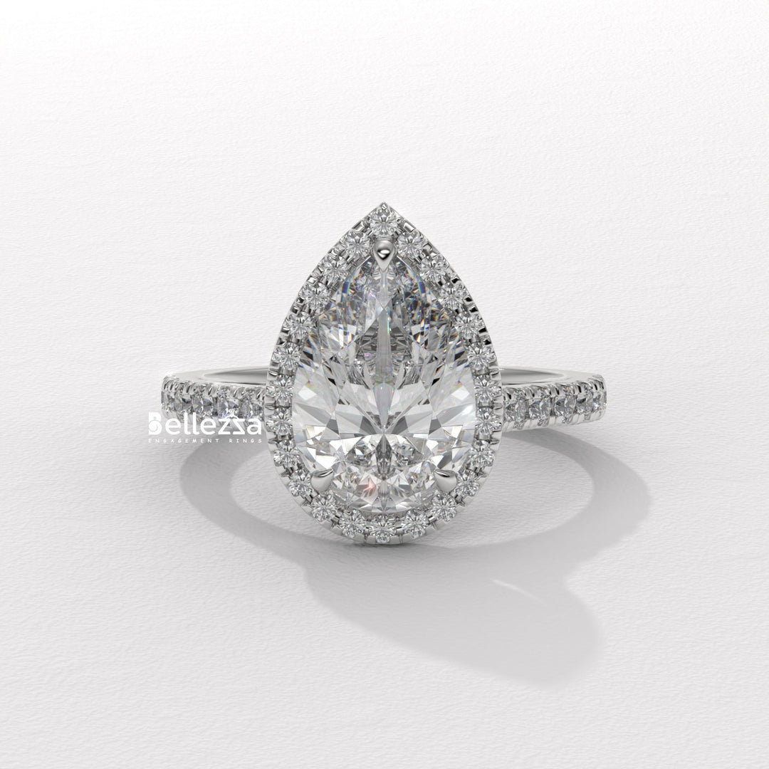 1.50-2.50CT Pear Cut CVD Diamond Halo Pave Setting Engagement Ring