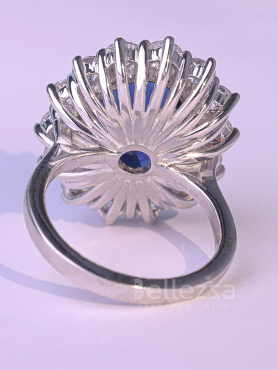 5.0CT Oval Cut Blue Sapphire Halo Moissanite Engagement Ring