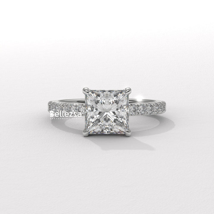 1.0-2.0CT Princess Cut Lab Grown Diamond Pave Setting Engagement Ring