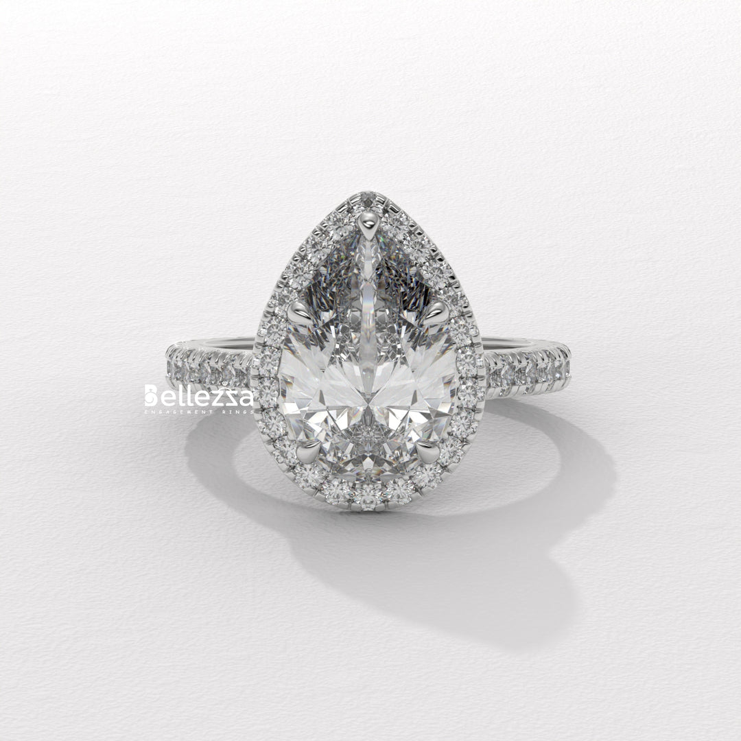1.50-2.50CT Pear Cut CVD Diamond Halo Pave Setting Engagement Ring