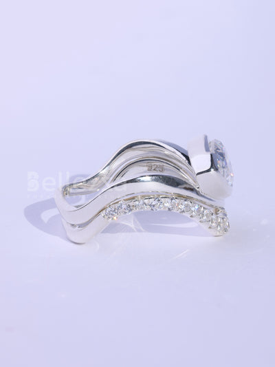 Pear Cut Unique Curved Moissanite Pave Set Engagement Ring Set