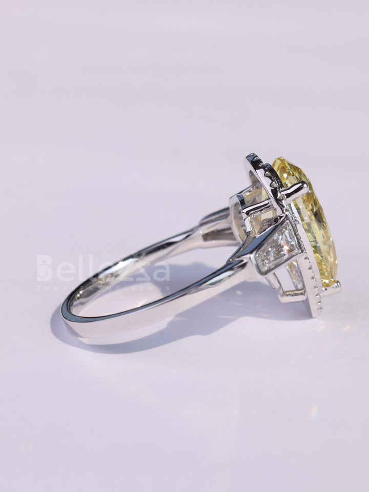 4.0CT Yellow Pear Cut Halo Set Three Stone Moissanite Engagement Ring