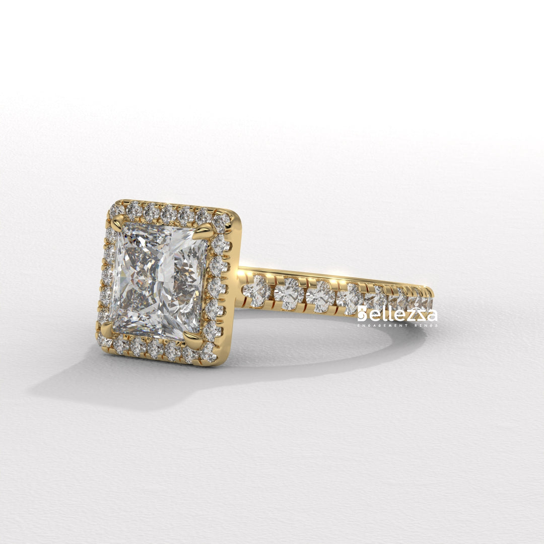 1.0-2.0CT Princess Cut Halo Pave Lab Grown Engagement Ring