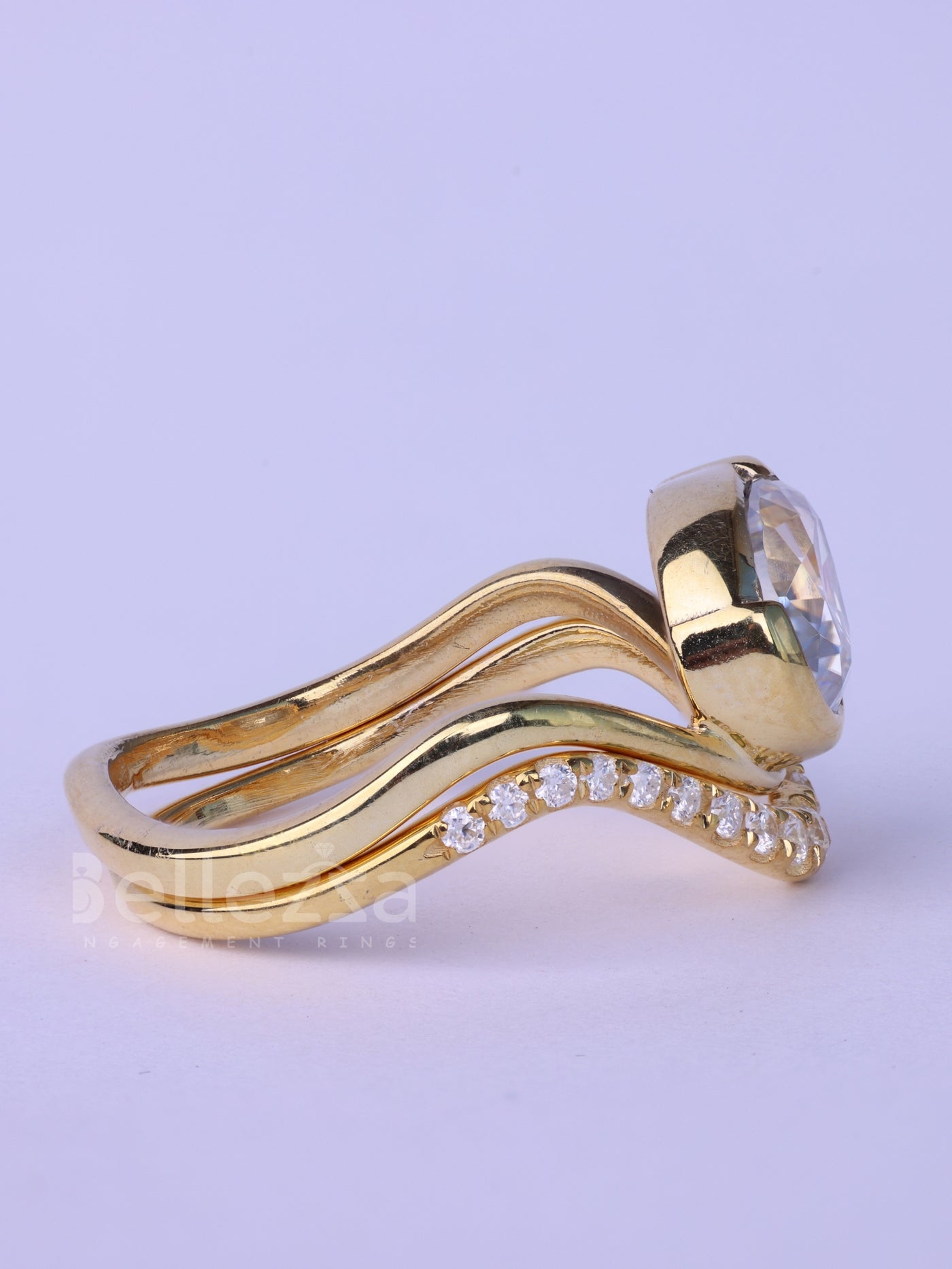 Unique Pear Cut Diamond Curved Moissanite Engagement Ring Set