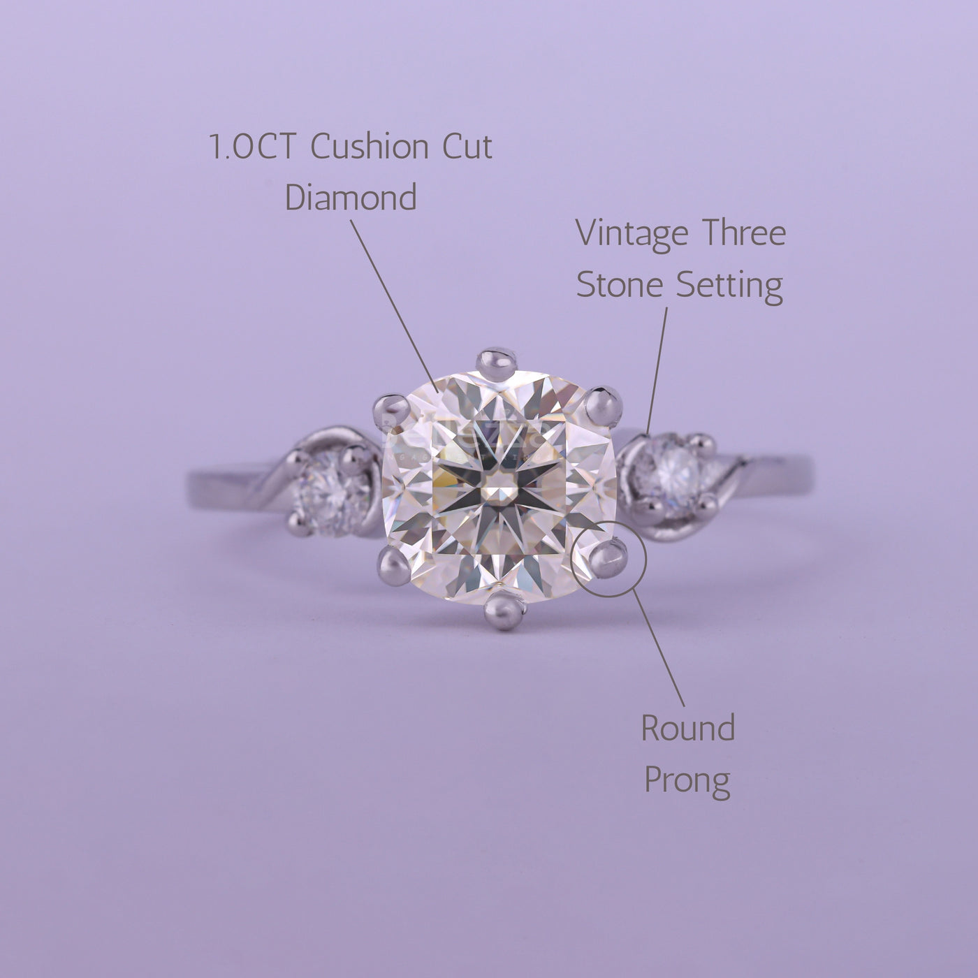 1.50CT Cushion Cut Unique Three Stone Moissanite Engagement Ring