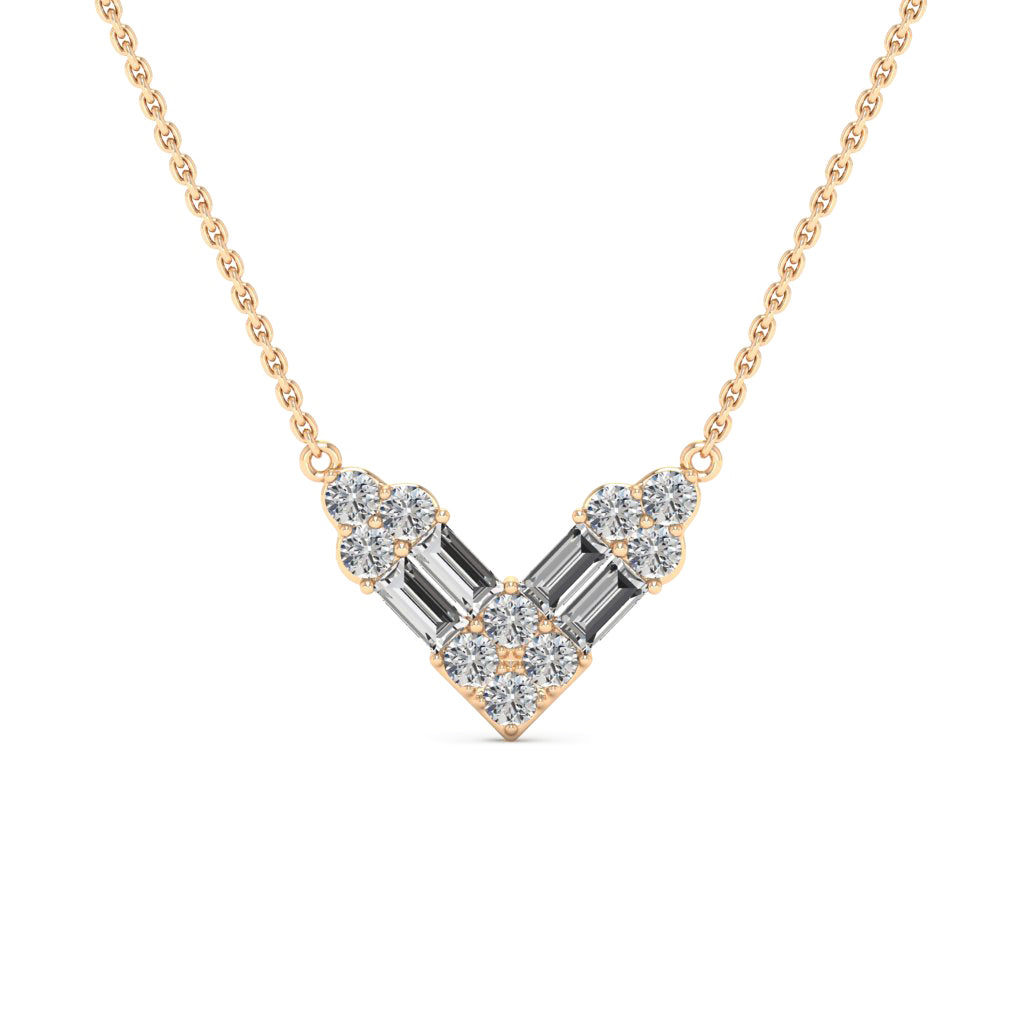 Round & Baguette Cut Diamond Moissanite V Shape Necklace For Women