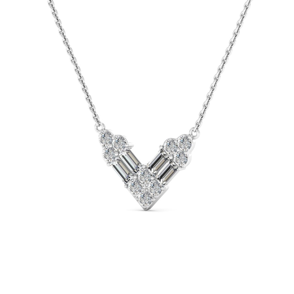 Round & Baguette Cut Diamond Moissanite V Shape Necklace For Women
