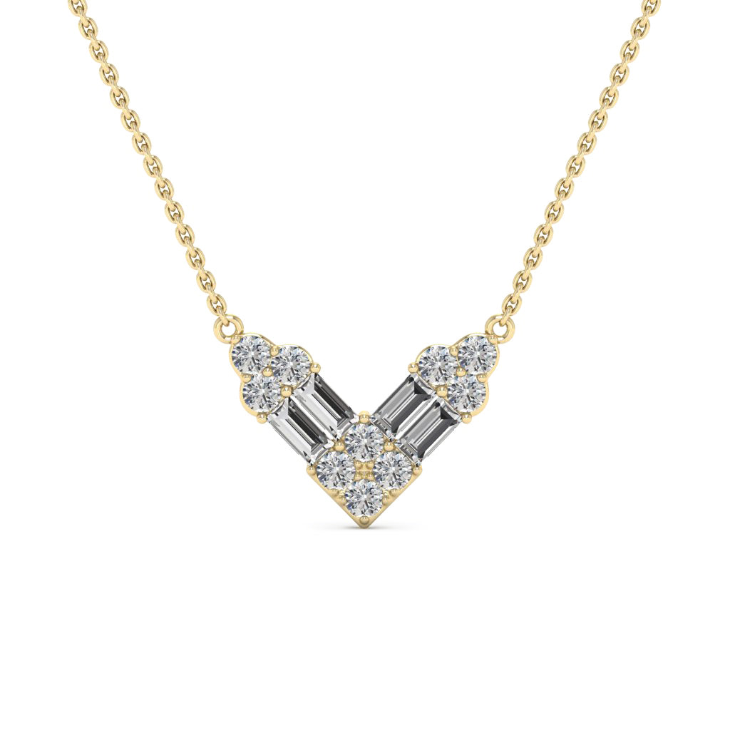 Round & Baguette Cut Diamond Moissanite V Shape Necklace For Women