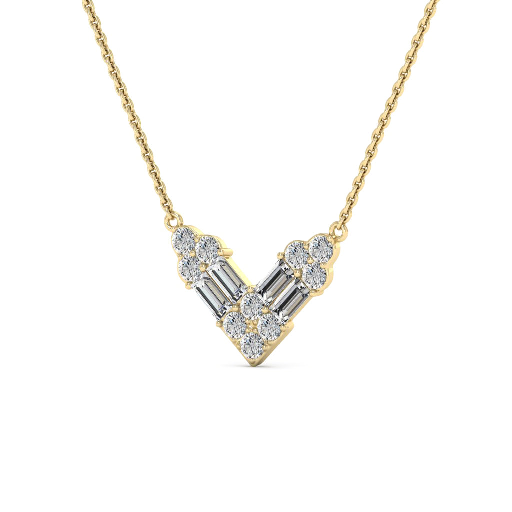 Round & Baguette Cut Diamond Moissanite V Shape Necklace For Women