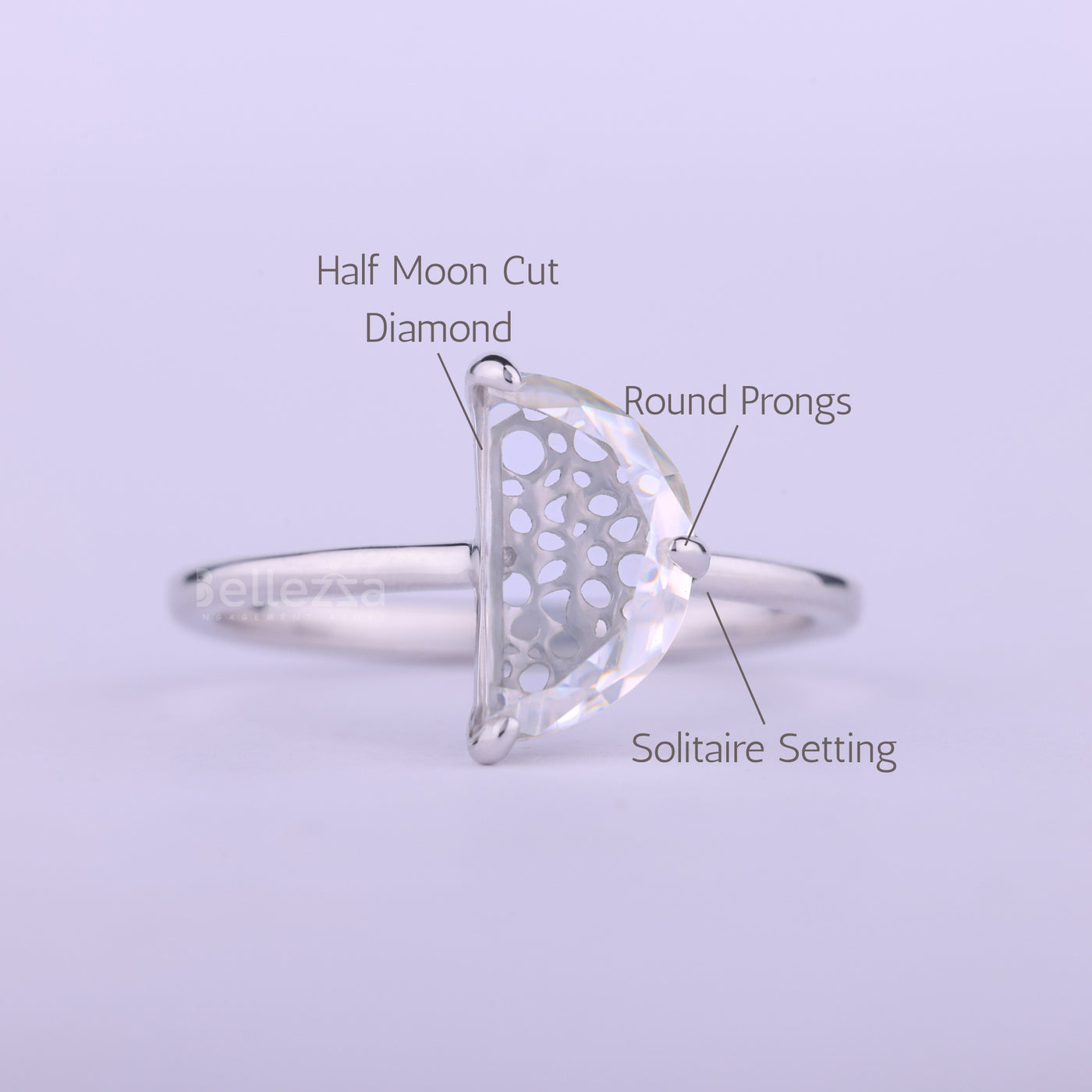 Half Moon Cut Diamond Solitaire Moissanite Engagement Ring