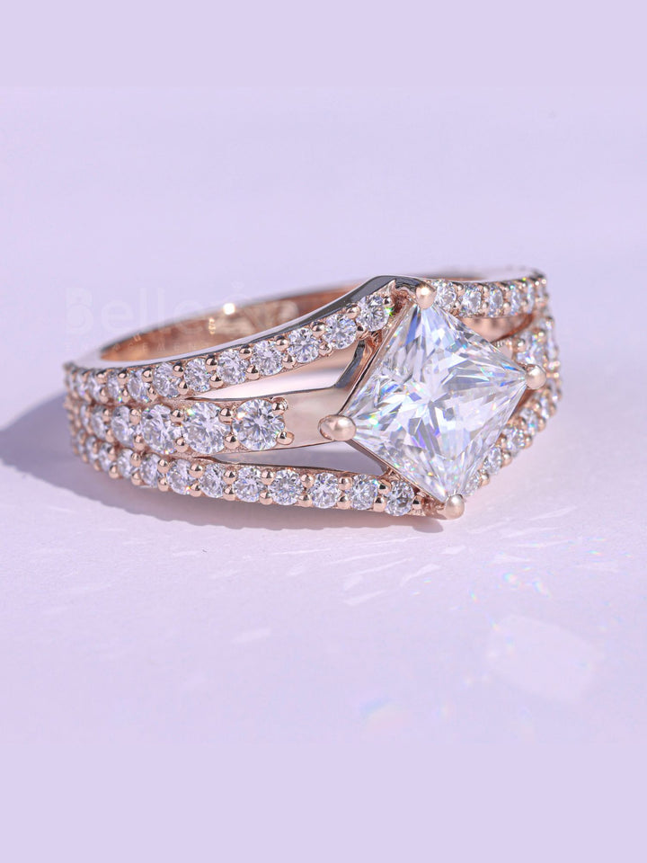 1.0CT Princess Cut Cluster Diamond Moissanite Engagement Ring