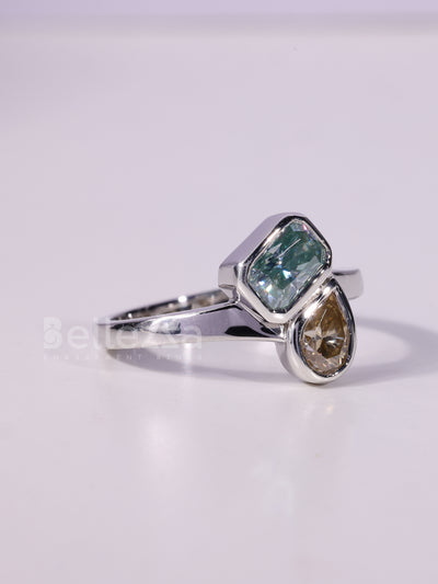 1.0CT Radiant & Pear Cut Color Diamond Toi Et Moi Engagement Ring