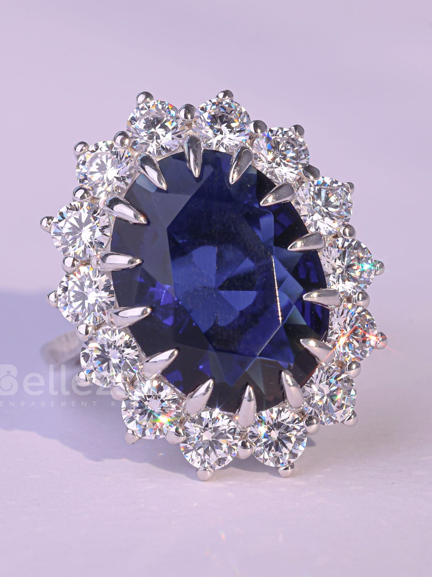 5.0CT Oval Cut Blue Sapphire Halo Moissanite Engagement Ring