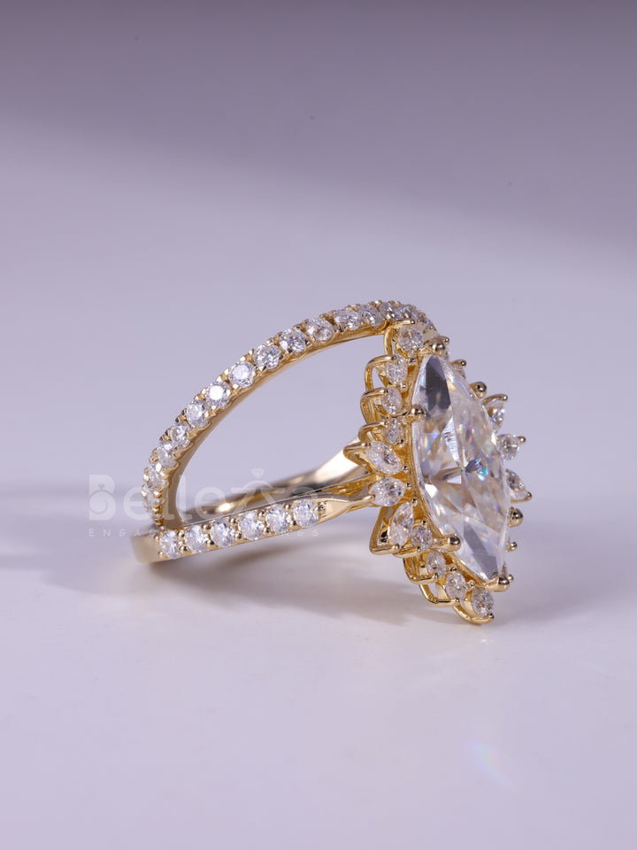 3.0CT Marquise Cut Cluster Vintage Moissanite Bridal Ring Set