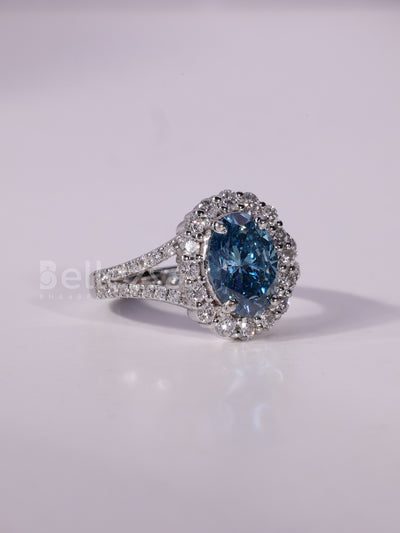 1.0CT-2.0CT Blue Oval Cut Diamond Halo Moissanite Engagement Ring