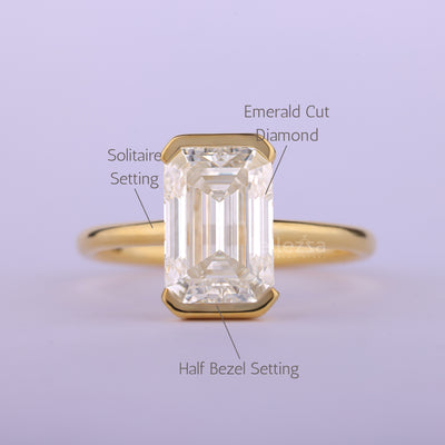 1.50CT Emerald Cut Half Bezel Set Solitaire Engagement Ring