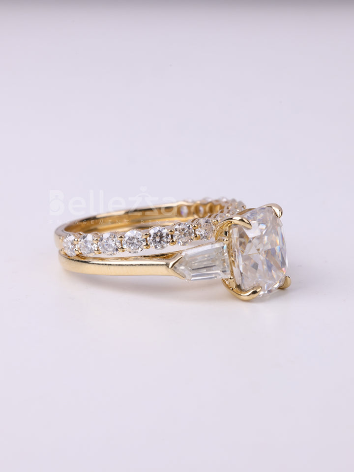 1.50CT Elongated Cushion Cut Three Stone Moissanite Bridal Ring Set