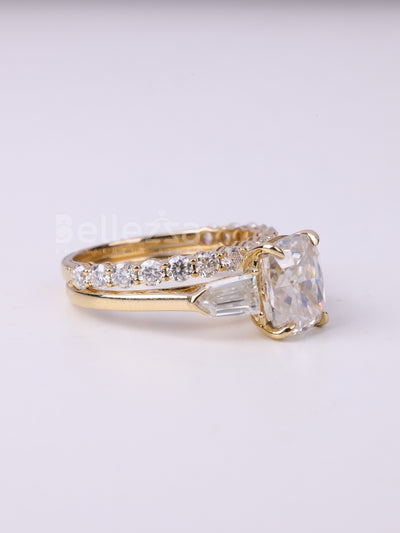 1.50CT Elongated Cushion Cut Three Stone Moissanite Bridal Ring Set