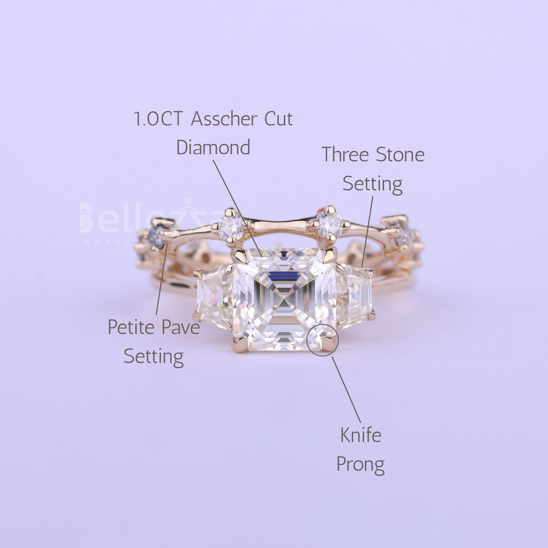 1.0CT Asscher Cut Three Stone Moissanite Bridal Ring Set